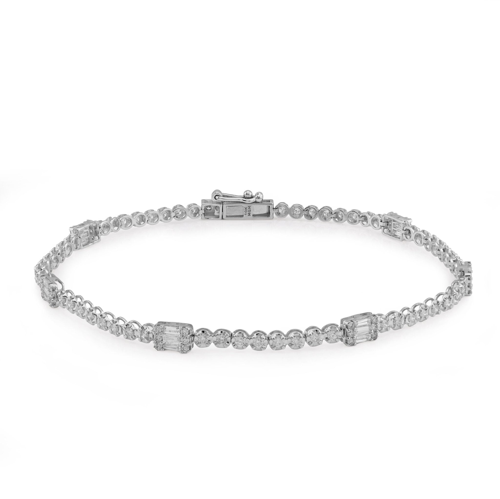 10K White Gold 1.10CT Natural Diamond Round/Baguette 7" Men Women Bracelet - Elite Jewelers - Bracelets