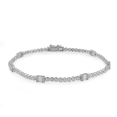 10K White Gold 1.10CT Natural Diamond Round/Baguette 7" Men Women Bracelet - Elite Jewelers - Bracelets