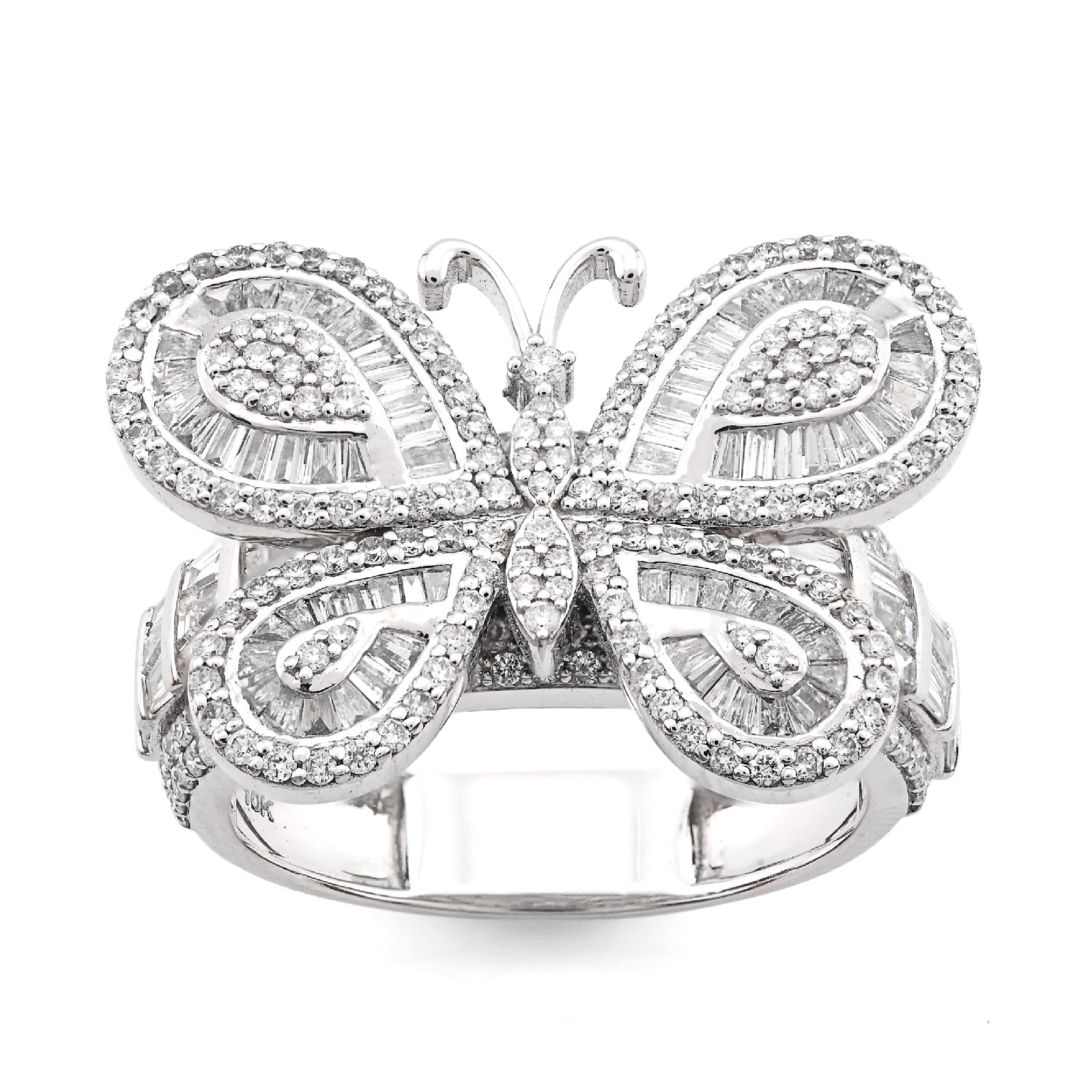 10K White Gold 1.80CT Natural Dimaond Round/Baguette Butterfly Women Band 8.2g Ring - Elite Jewelers - Rings
