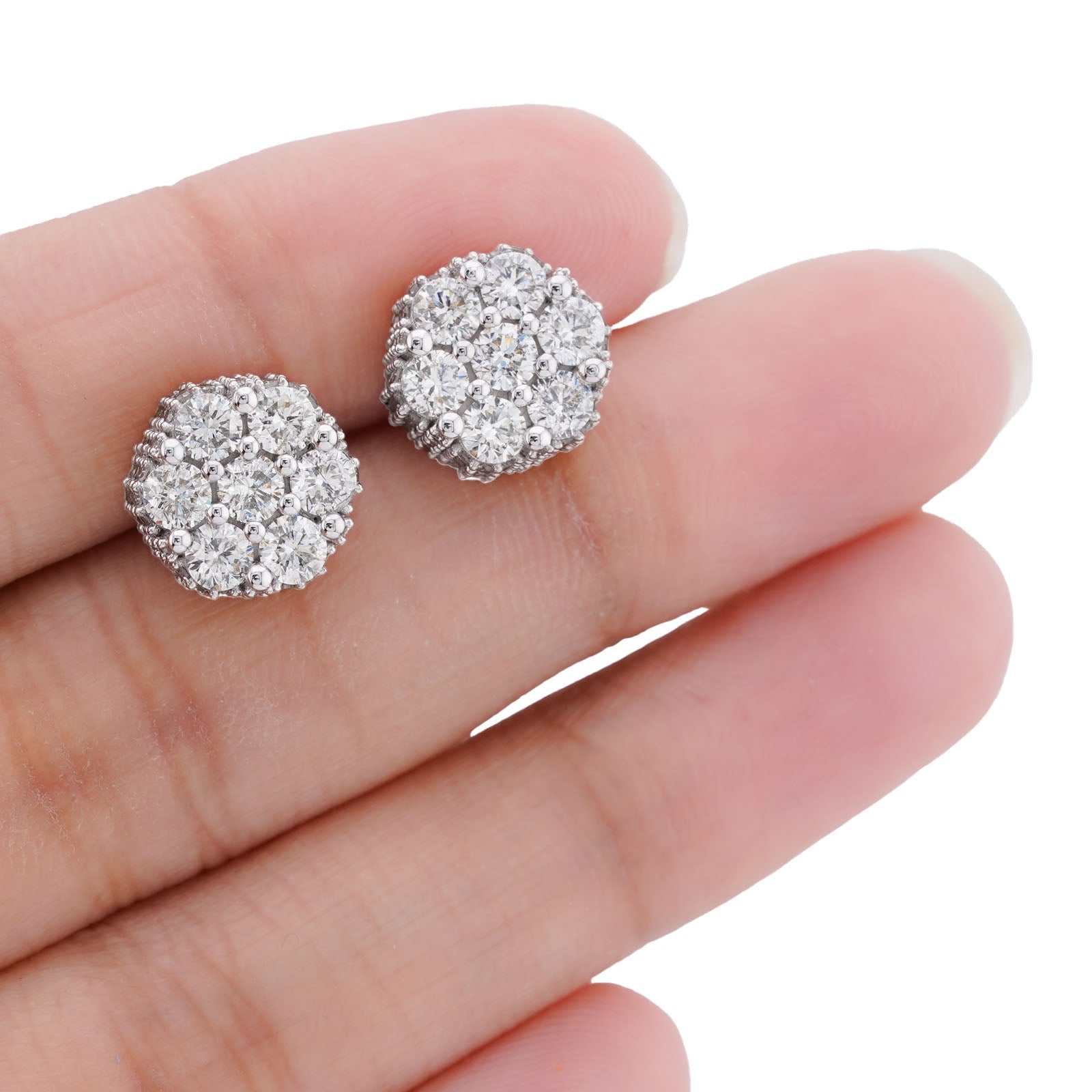 10K White Gold 2.65CT 7 Stone Flower Set Natural Diamond Men Women Earrings - Elite Jewelers-Earrings