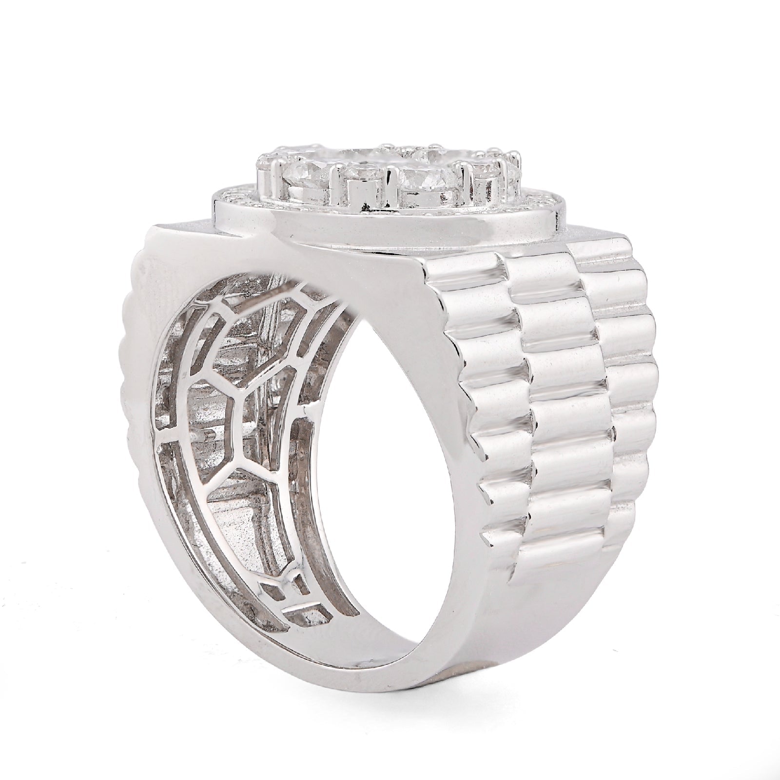 10K White Gold 3.17CT Flower Cluster Centre Halo Men President's Lab Diamond Pinky Ring - Elite Jewelers-Rings
