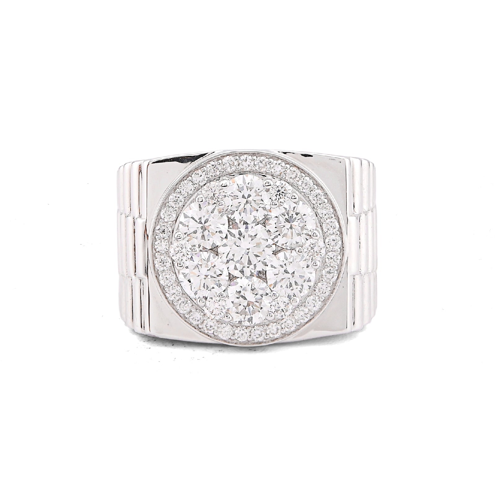 10K White Gold 3.17CT Flower Cluster Centre Halo Men President's Lab Diamond Pinky Ring - Elite Jewelers-Rings