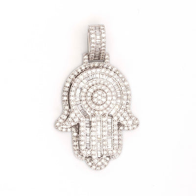 10K White Gold 3.21CT Baguette and Round Diamond Hamza Pendant - Elite Jewelers - Charms & Pendants