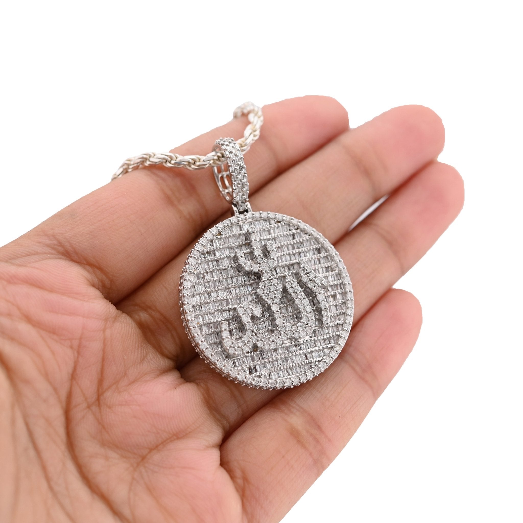 10K White Gold 3.25CT Natural Diamond "Allah" Round Pendant Men Women Charm - Elite Jewelers - Charms & Pendants