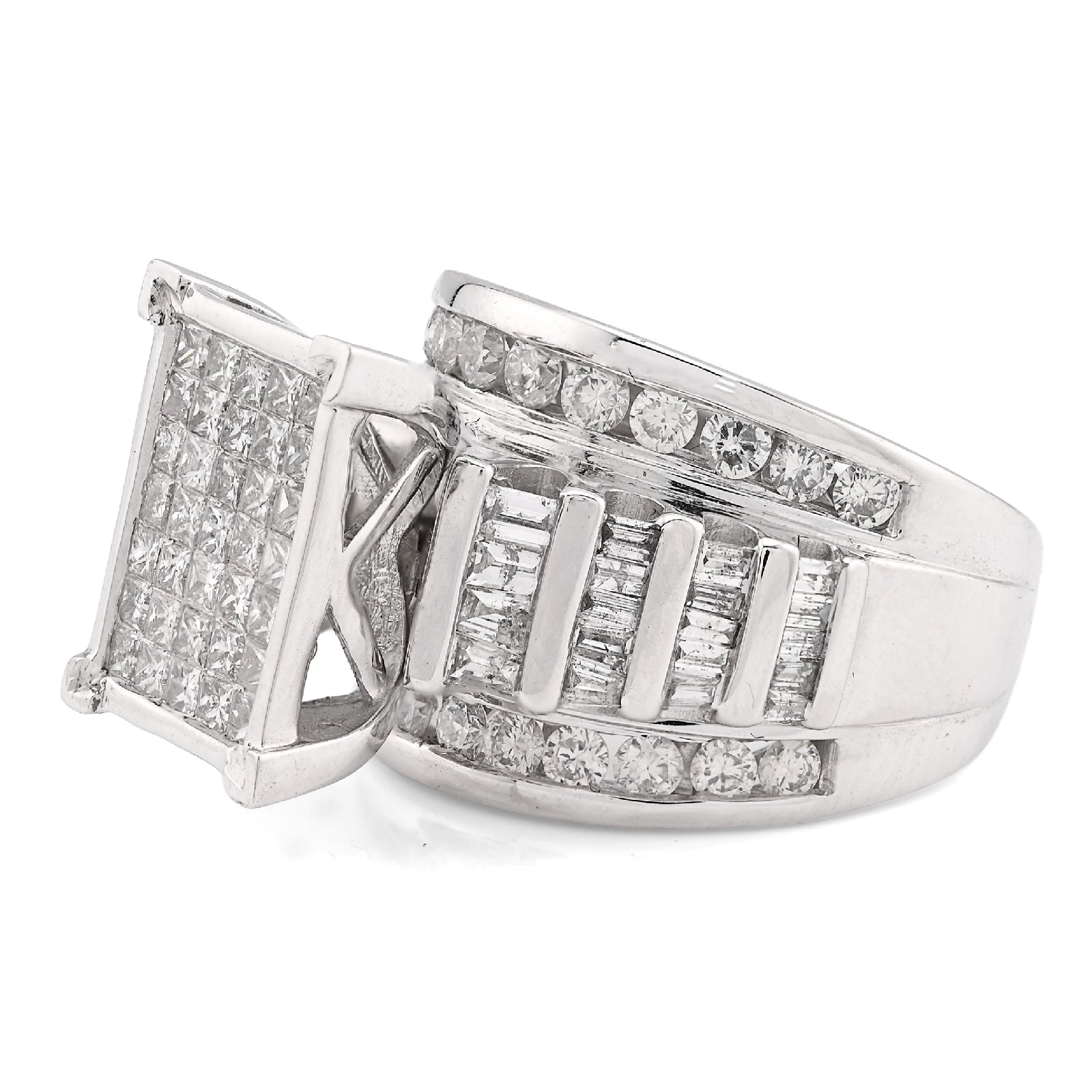 10K White Gold 3CT Natural Dimaond Princess/Round/Baguette Rectangular 14.4MM Women Wedding Ring - Elite Jewelers - Rings