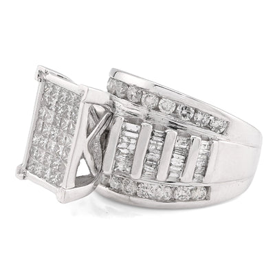 10K White Gold 3CT Natural Dimaond Princess/Round/Baguette Rectangular 14.4MM Women Wedding Ring - Elite Jewelers - Rings