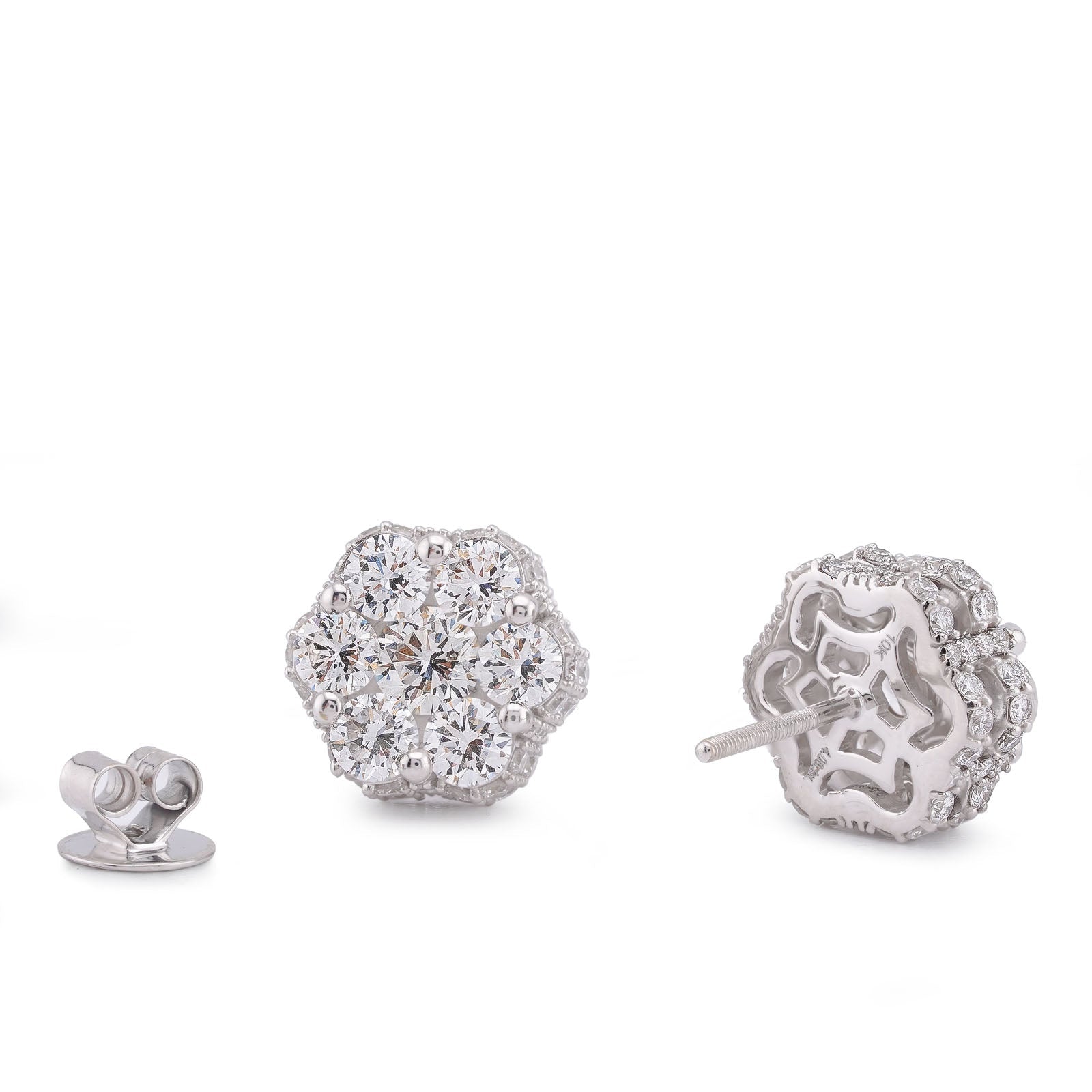 10K White Gold 4.06CT 7 Stone Side Round Lab Diamond Flower Cluster Men Women Earring - Elite Jewelers-Earrings