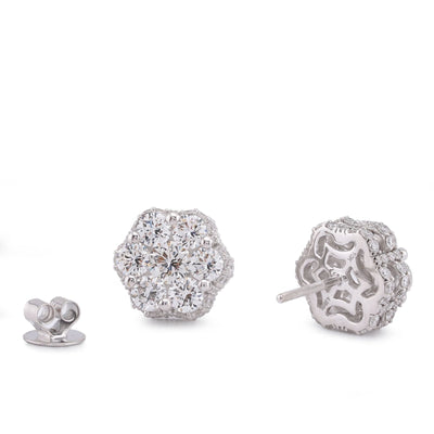 10K White Gold 4.06CT 7 Stone Side Round Lab Diamond Flower Cluster Men Women Earring - Elite Jewelers-Earrings