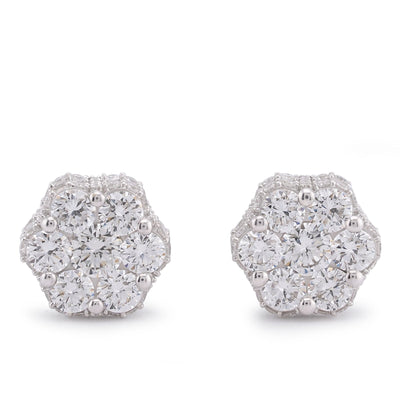 10K White Gold 4.06CT 7 Stone Side Round Lab Diamond Flower Cluster Men Women Earring - Elite Jewelers-Earrings