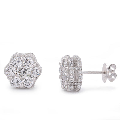 10K White Gold 4.06CT 7 Stone Side Round Lab Diamond Flower Cluster Men Women Earring - Elite Jewelers-Earrings