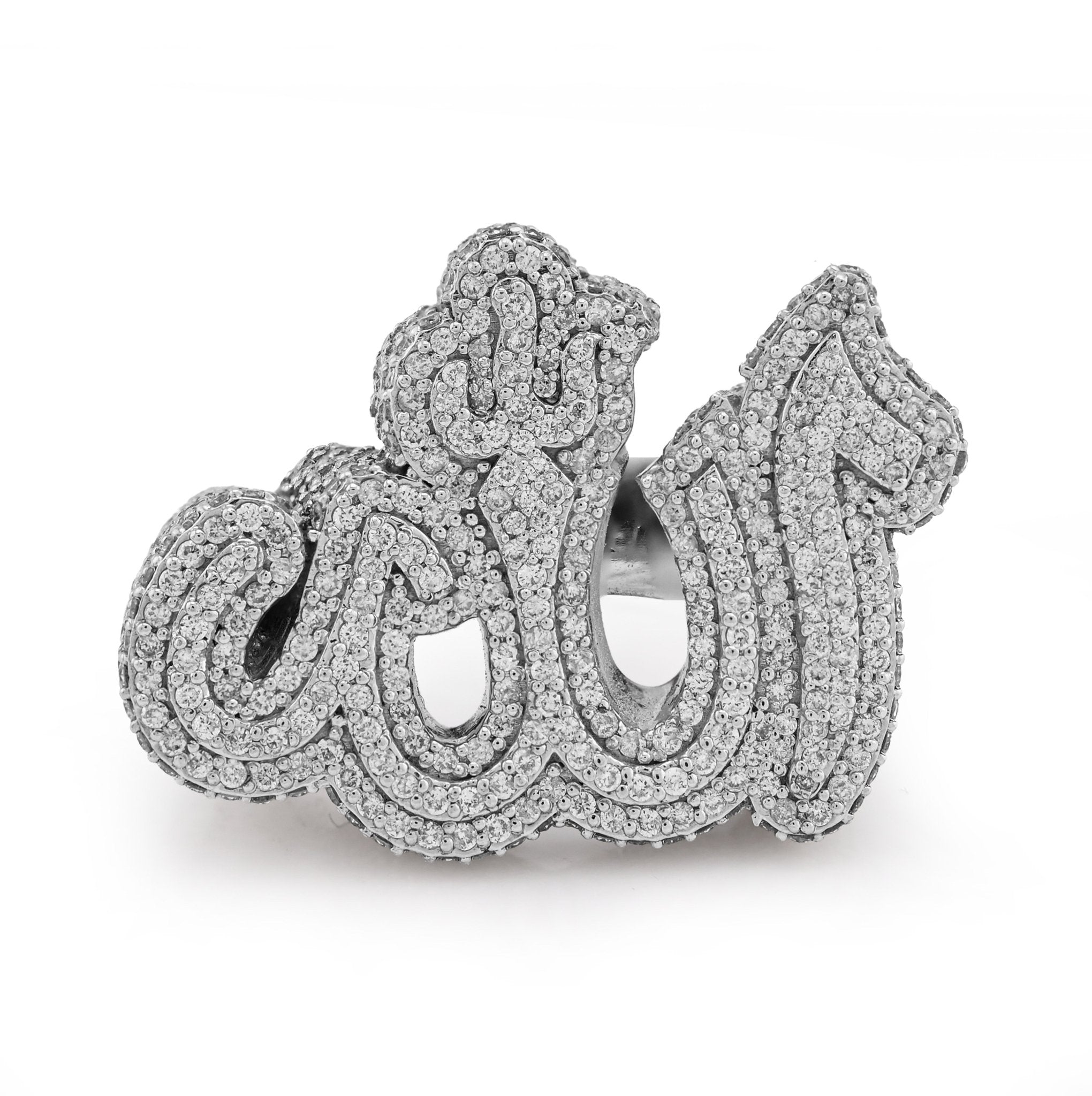10K White Gold 4.75CT Natural Diamond Men "Allah" Pinky Ring - Elite Jewelers - Rings
