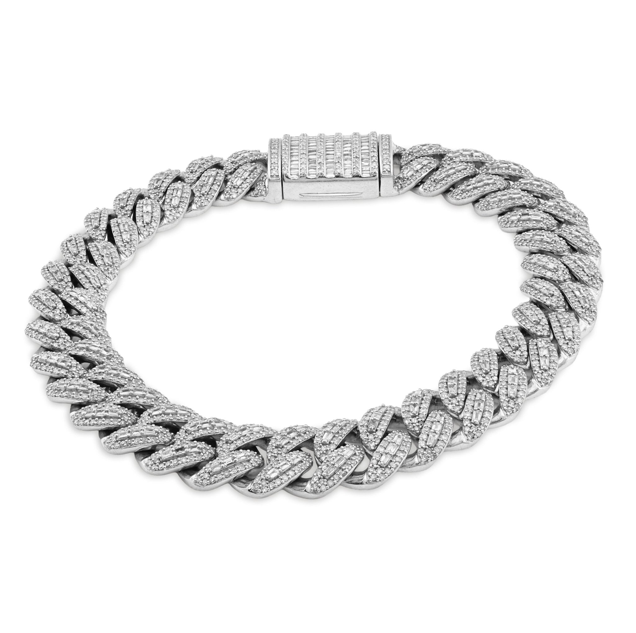 10K White Gold 7.5CT Natural Diamond Round/Baguette 8MM Cuban Link Braclet 8" 48.8g - Elite Jewelers - Bracelets
