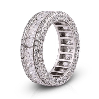 10K White Gold 8CT 3 Row Fully Iced Out Round Lab Diamond Men Band Ring - Elite Jewelers - Rings