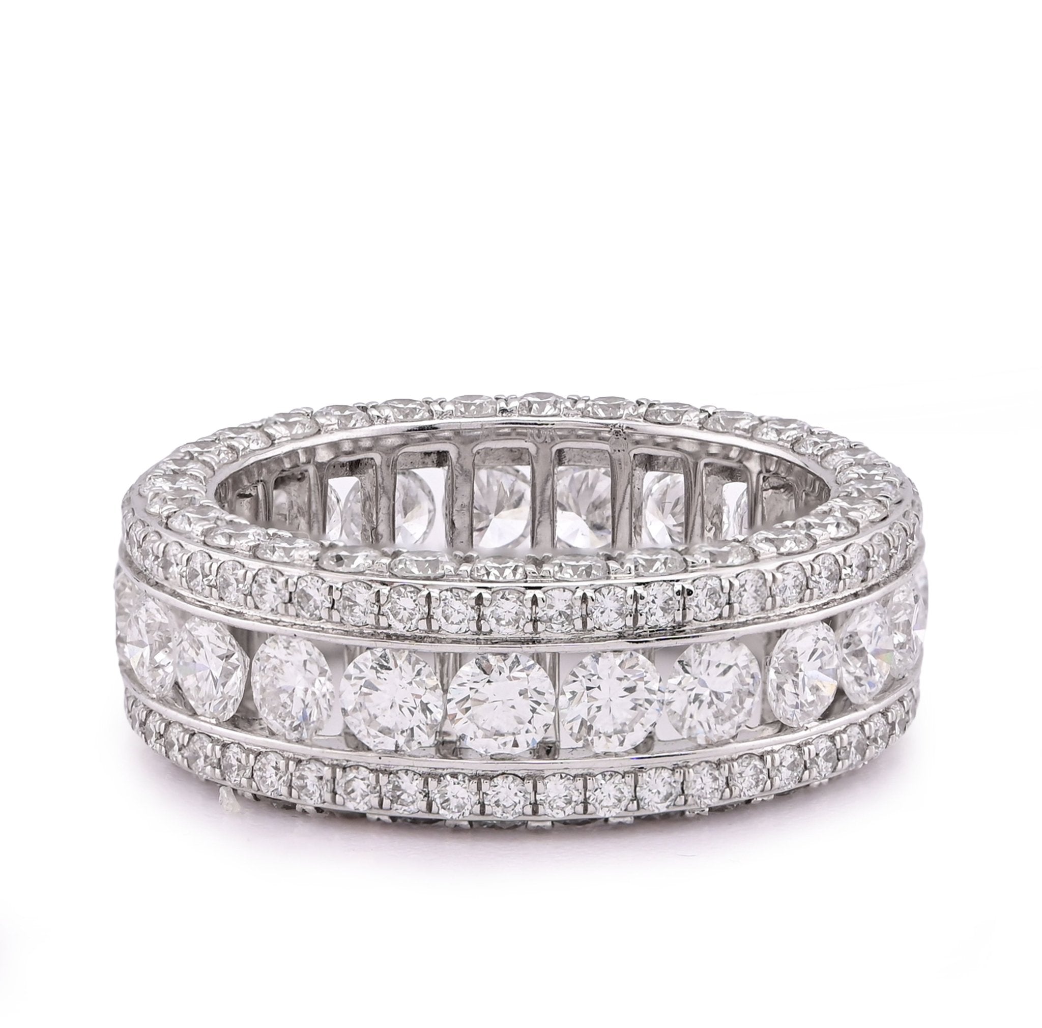 10K White Gold 8CT 3 Row Fully Iced Out Round Lab Diamond Men Band Ring - Elite Jewelers - Rings