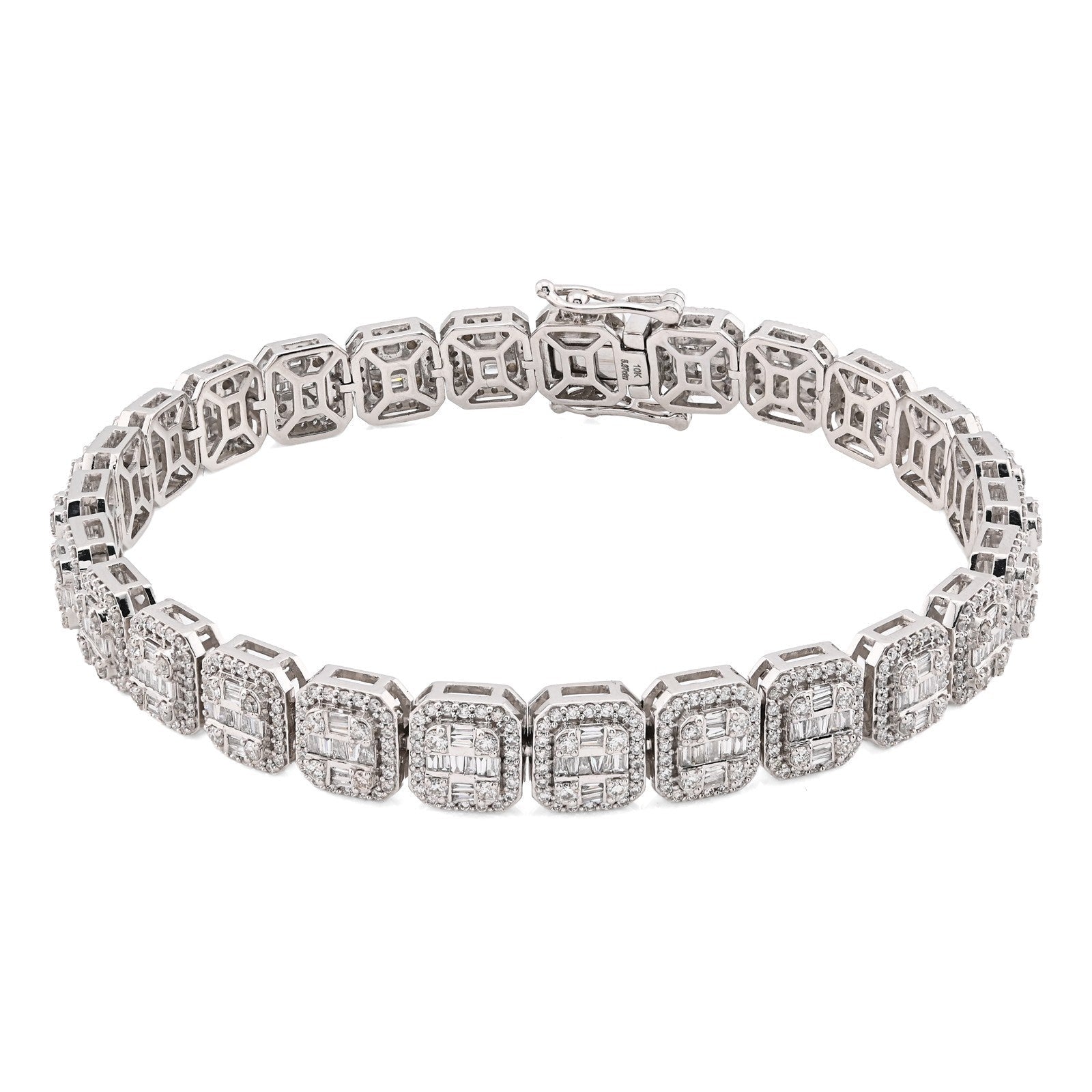 10k White Gold 8MM 31.7gms 5.67CTW Round/Baguette Diamond Square Tennis Bracelet - Elite Jewelers - Bracelets