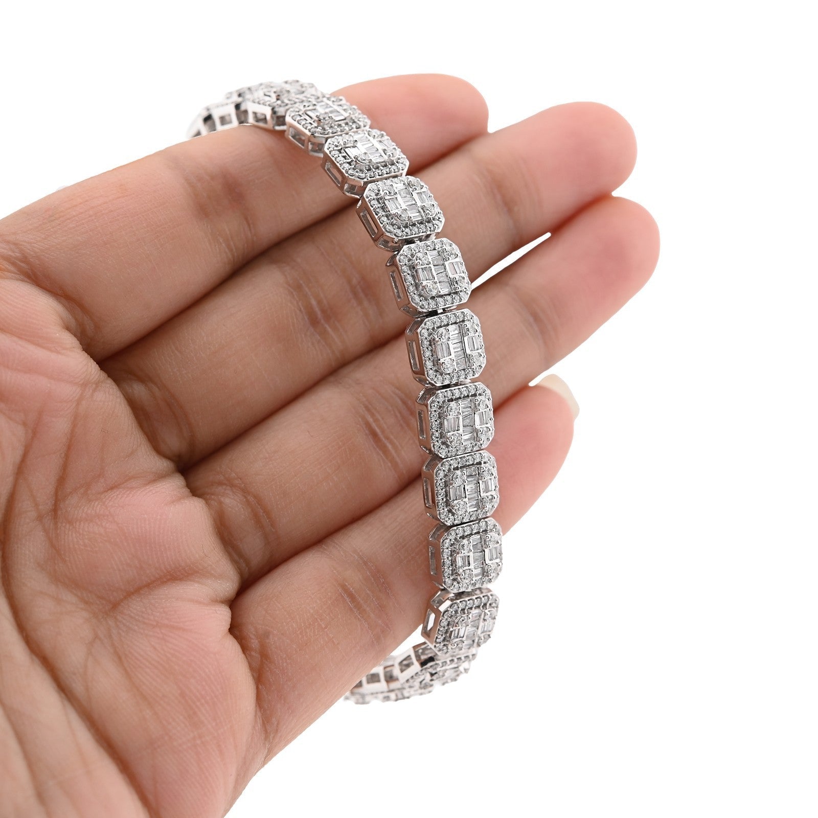 10k White Gold 8MM 31.7gms 5.67CTW Round/Baguette Diamond Square Tennis Bracelet - Elite Jewelers - Bracelets