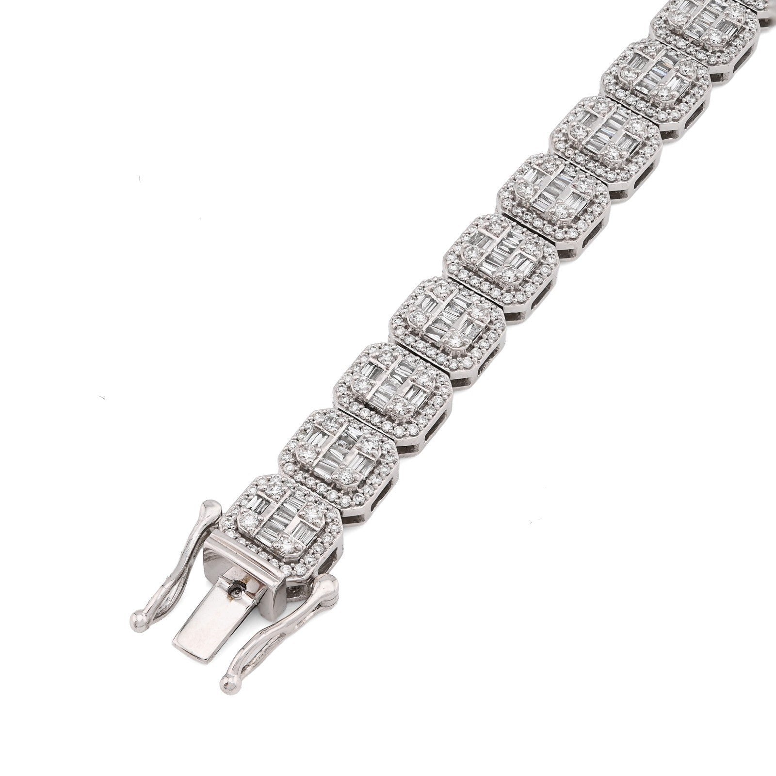 10k White Gold 8MM 31.7gms 5.67CTW Round/Baguette Diamond Square Tennis Bracelet - Elite Jewelers - Bracelets