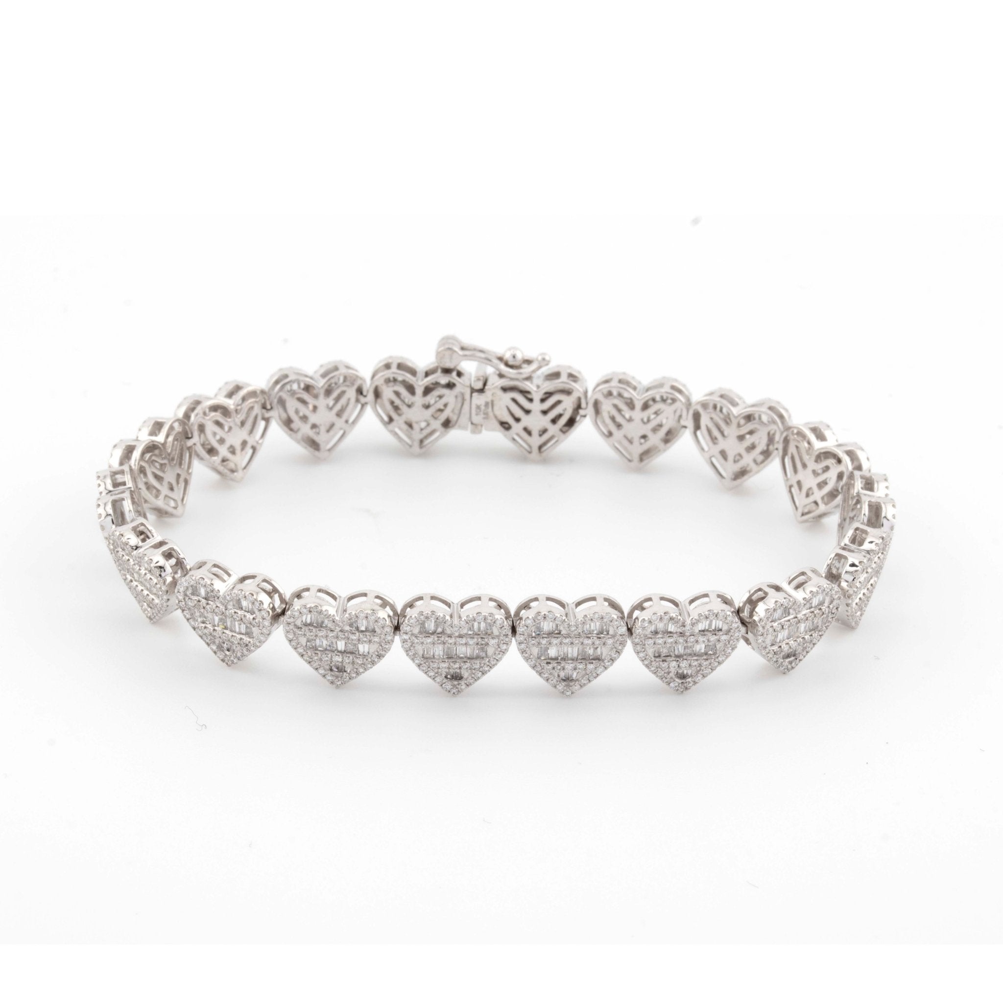 10k White Gold Baguette and Round Diamond Heart Bracelet 3.67CT - Elite Jewelers - Bracelets