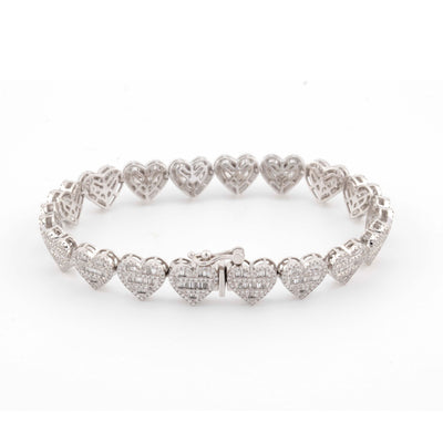 10k White Gold Baguette and Round Diamond Heart Bracelet 3.67CT - Elite Jewelers - Bracelets