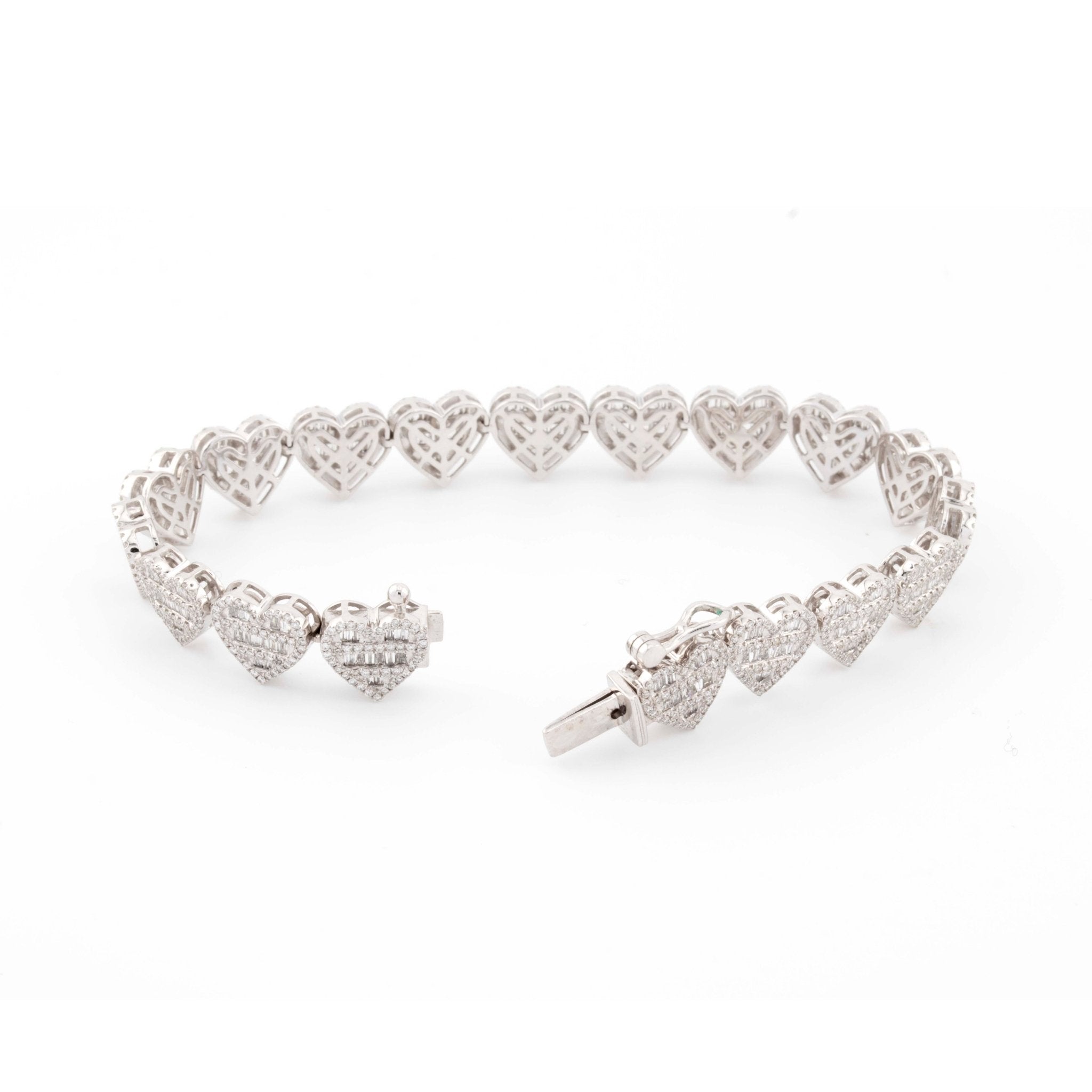 10k White Gold Baguette and Round Diamond Heart Bracelet 3.67CT - Elite Jewelers - Bracelets