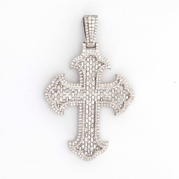 10K White Gold Baguette & Round Diamond 5.44CT Chrome Heart Cross Pendant - Elite Jewelers - Charms & Pendants