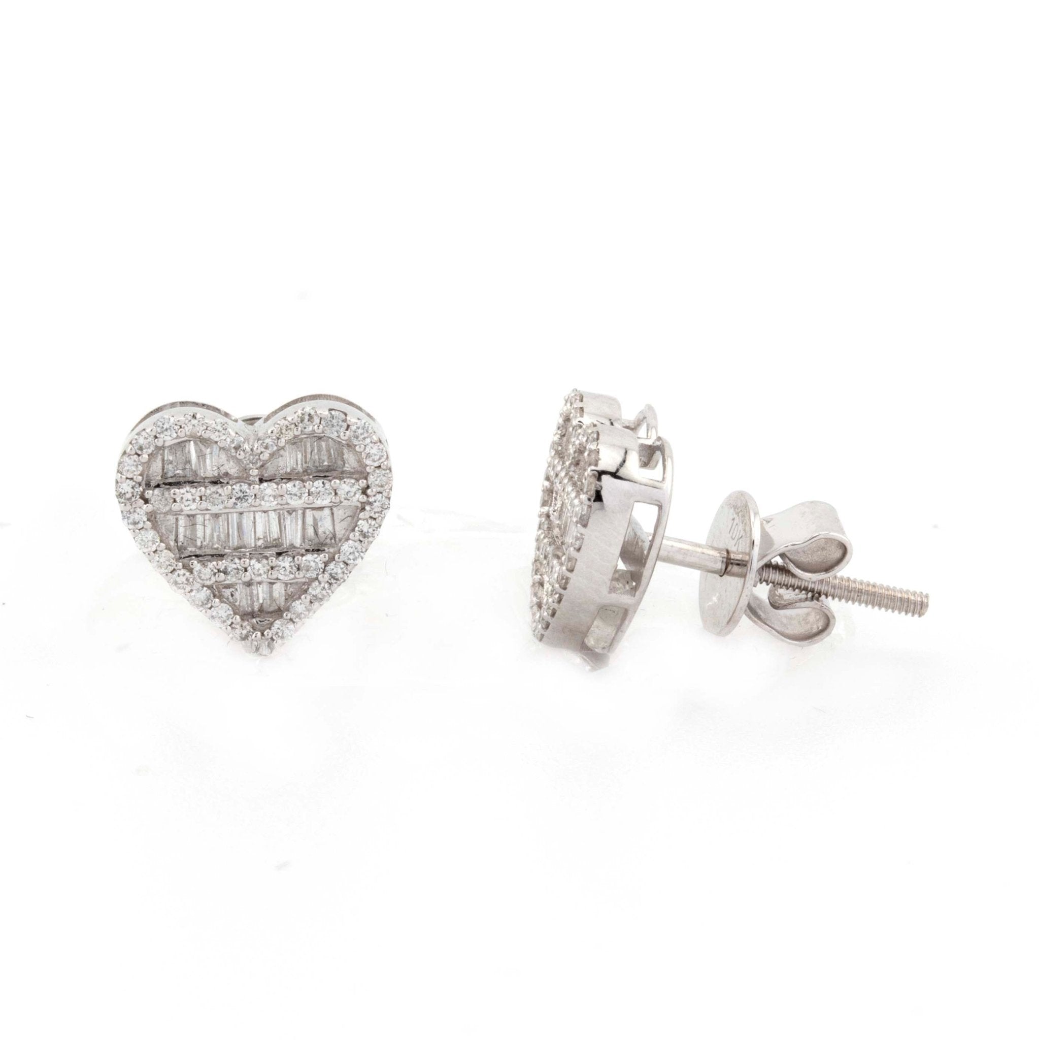 10k White Gold Baguette & Round Diamond Heart Earrings (10mm) - Elite Jewelers - Earrings