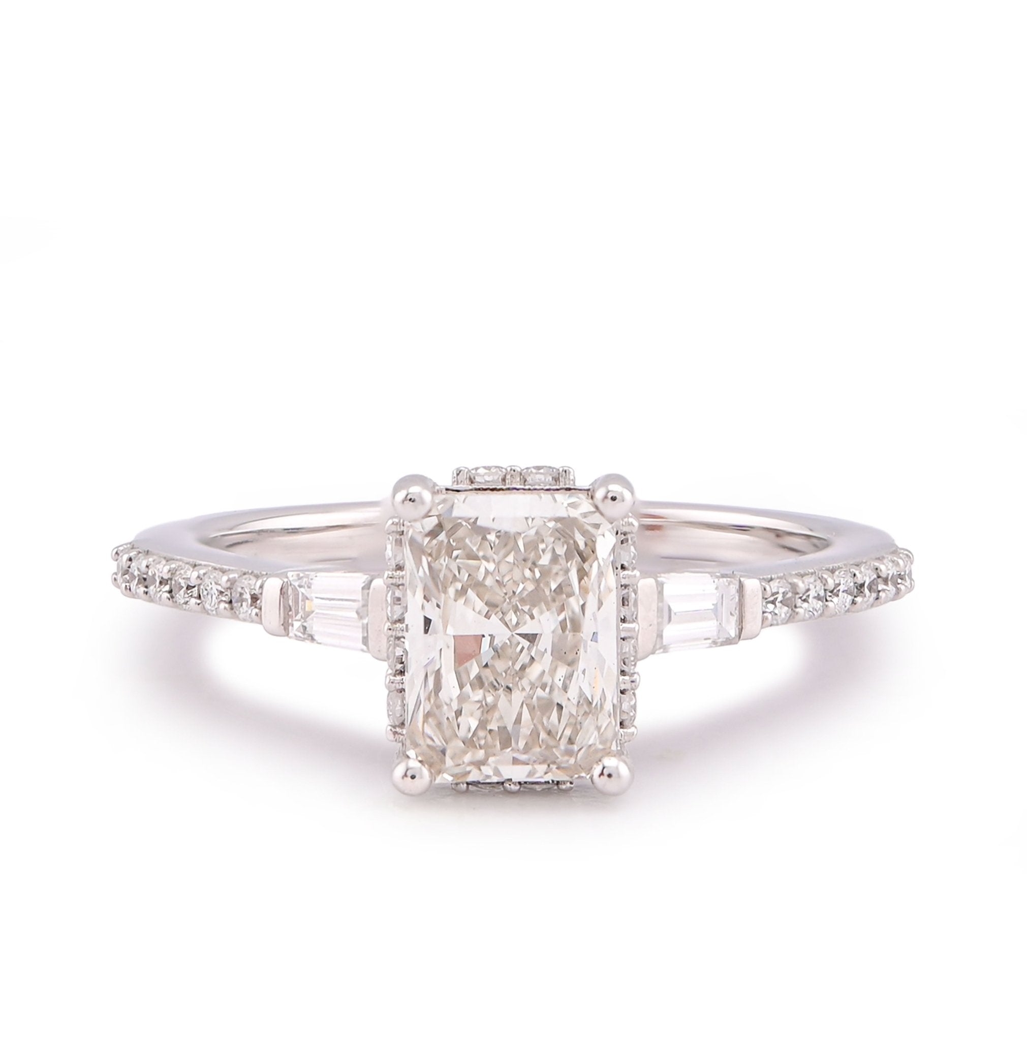 10K White Gold Centre Radiant Solitaire 1.53CT Lab Diamond Baguette/Round Women Ring - Elite Jewelers-Rings