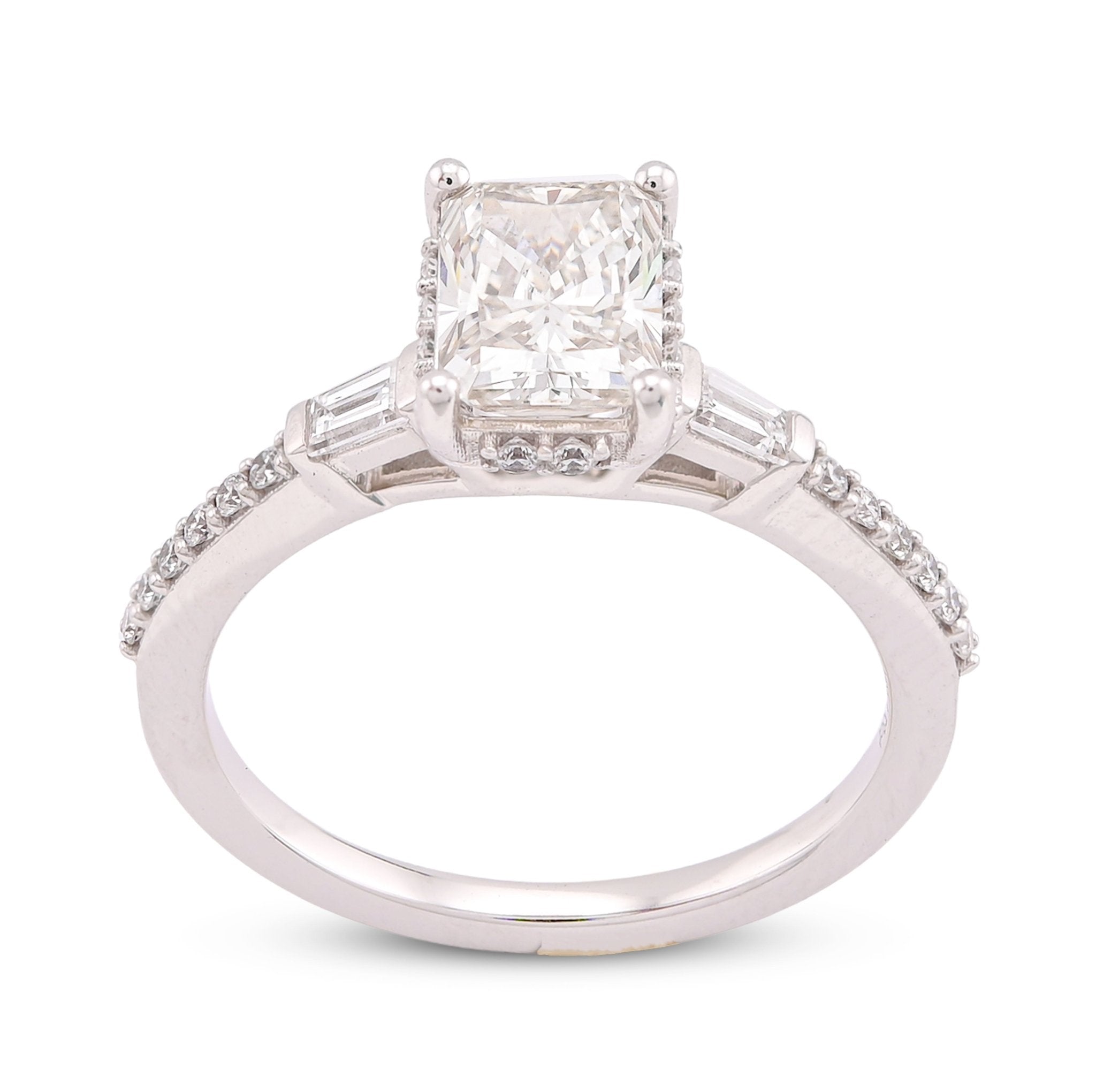 10K White Gold Centre Radiant Solitaire 1.53CT Lab Diamond Baguette/Round Women Ring - Elite Jewelers-Rings