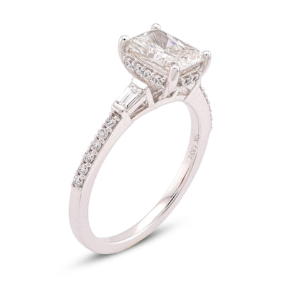 10K White Gold Centre Radiant Solitaire 1.53CT Lab Diamond Baguette/Round Women Ring - Elite Jewelers-Rings