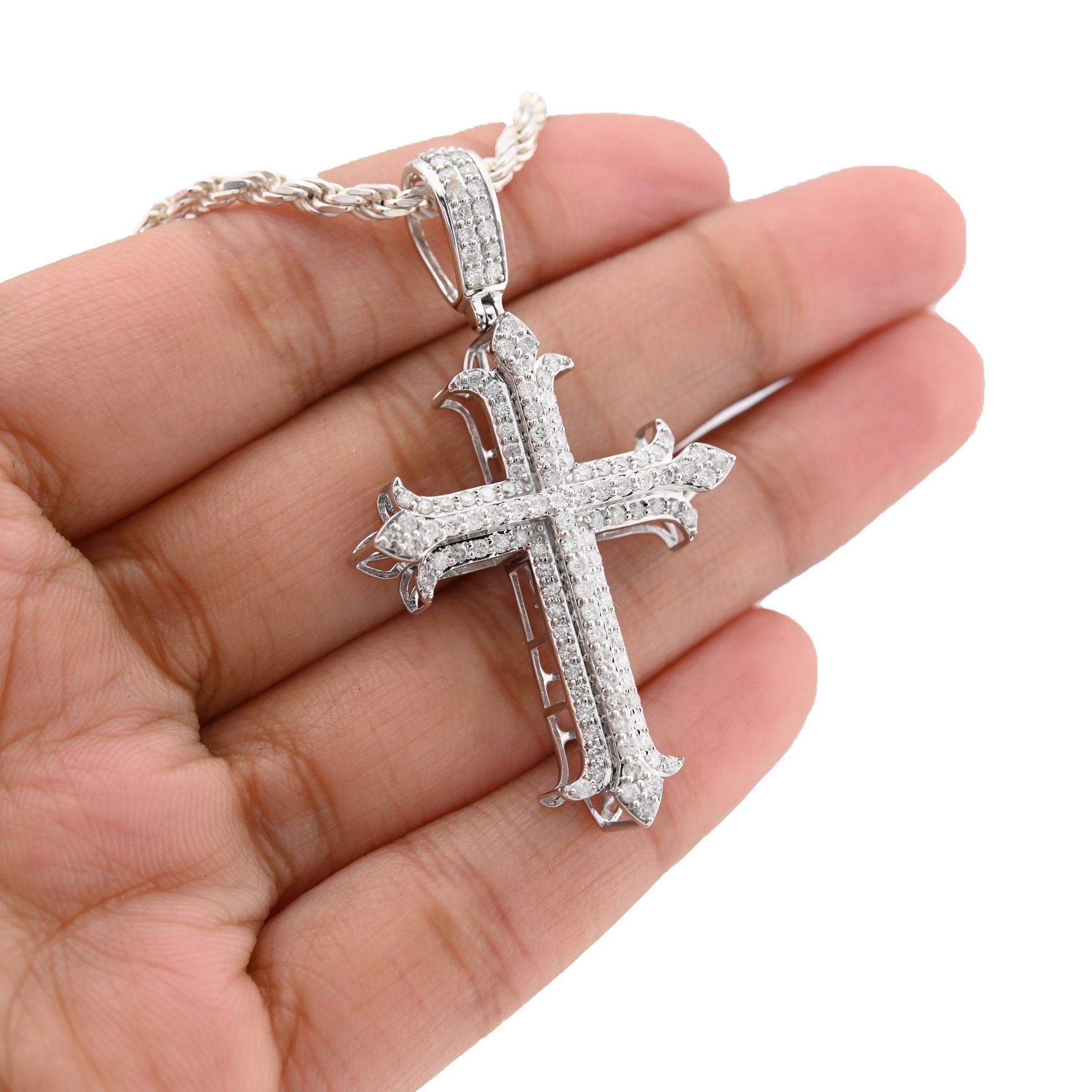 10K White Gold Natural Diamond Cross Pendant Religious Men Women 51.3MM Charm 6.9g - Elite Jewelers - Charms & Pendants
