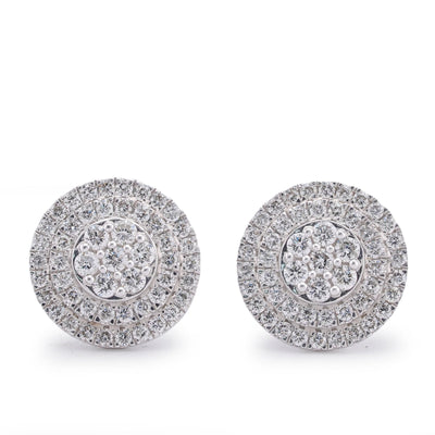 10K White Gold White Gold 1.09CT 3 Halo Flower Cluster Natural Diamond Men Women Earrings - Elite Jewelers-Earrings