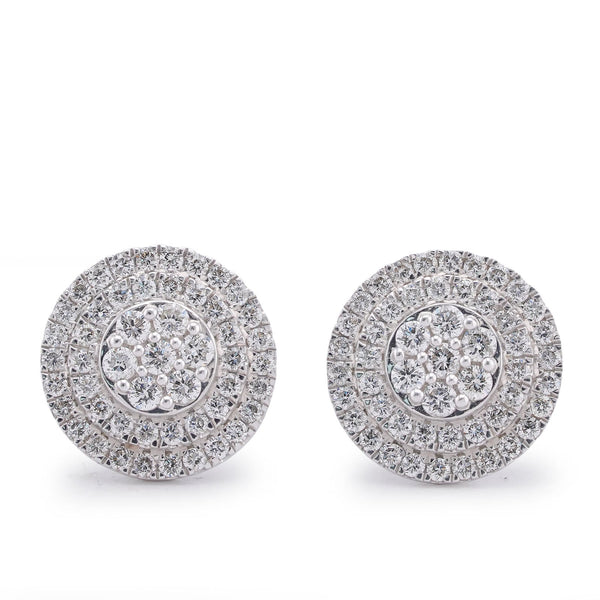 10K White Gold White Gold 1.09CT 3 Halo Flower Cluster Natural Diamond Men Women Earrings - Elite Jewelers-Earrings