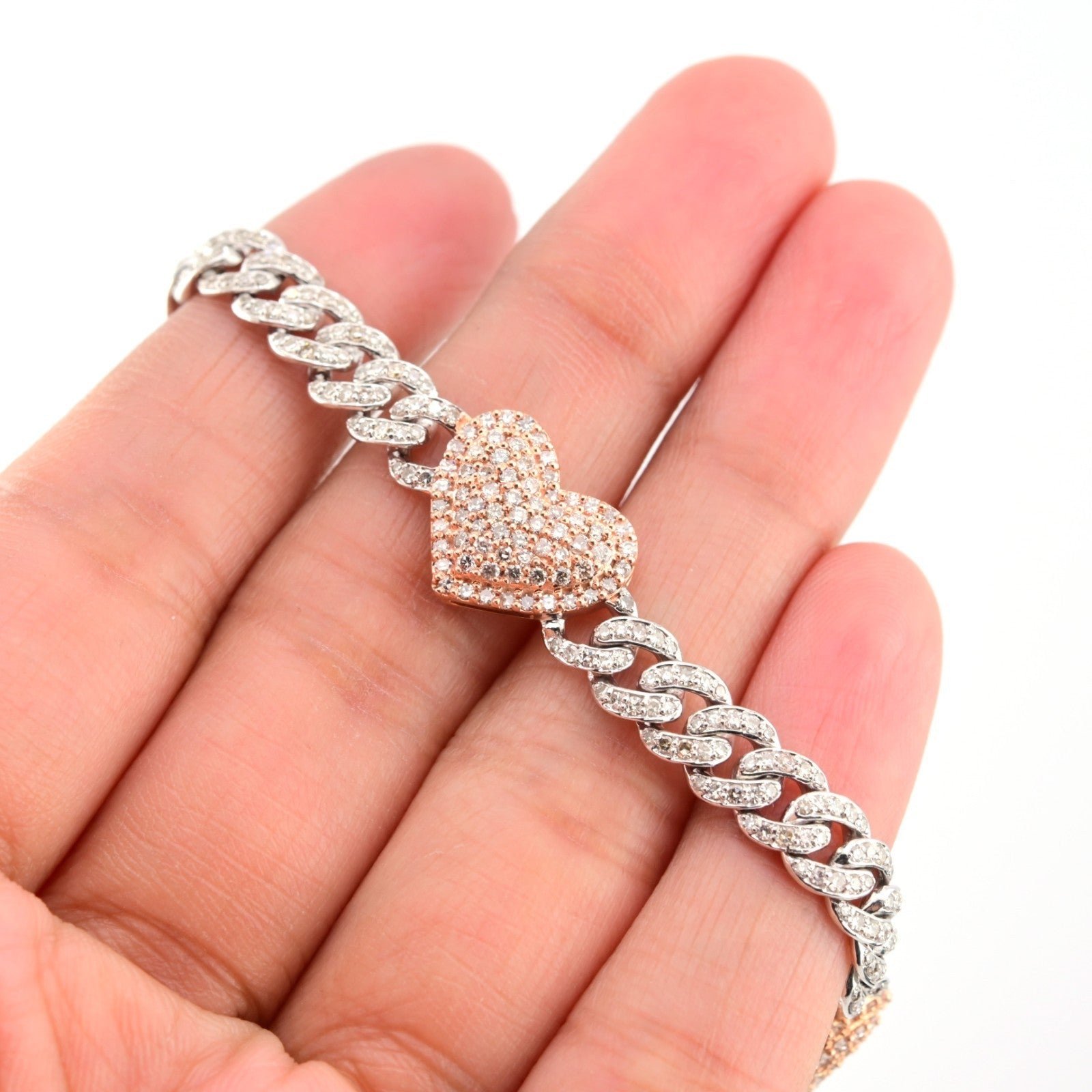 10k White & Rose Gold Women 3.18CT Diamond Cuban Heart Bracelet 13.8g 7In Armlet - Elite Jewelers - Bracelets