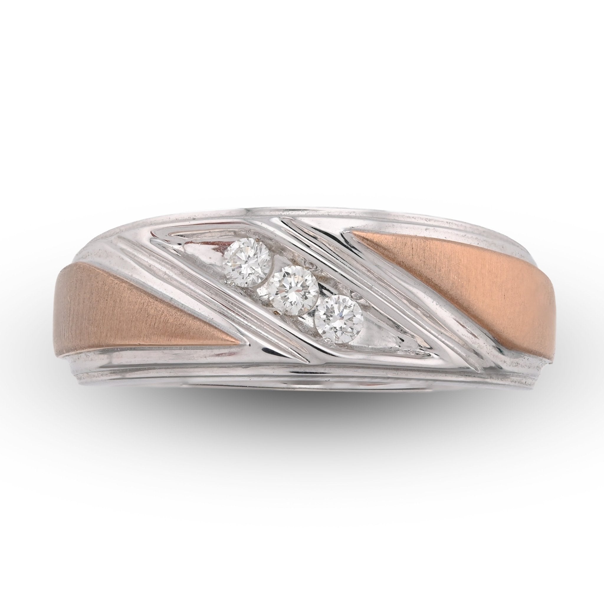 10K White/Rose Gold 0.17CT Natural Diamond Diagonal Centre 3 Stone Men Band - Elite Jewelers - Rings