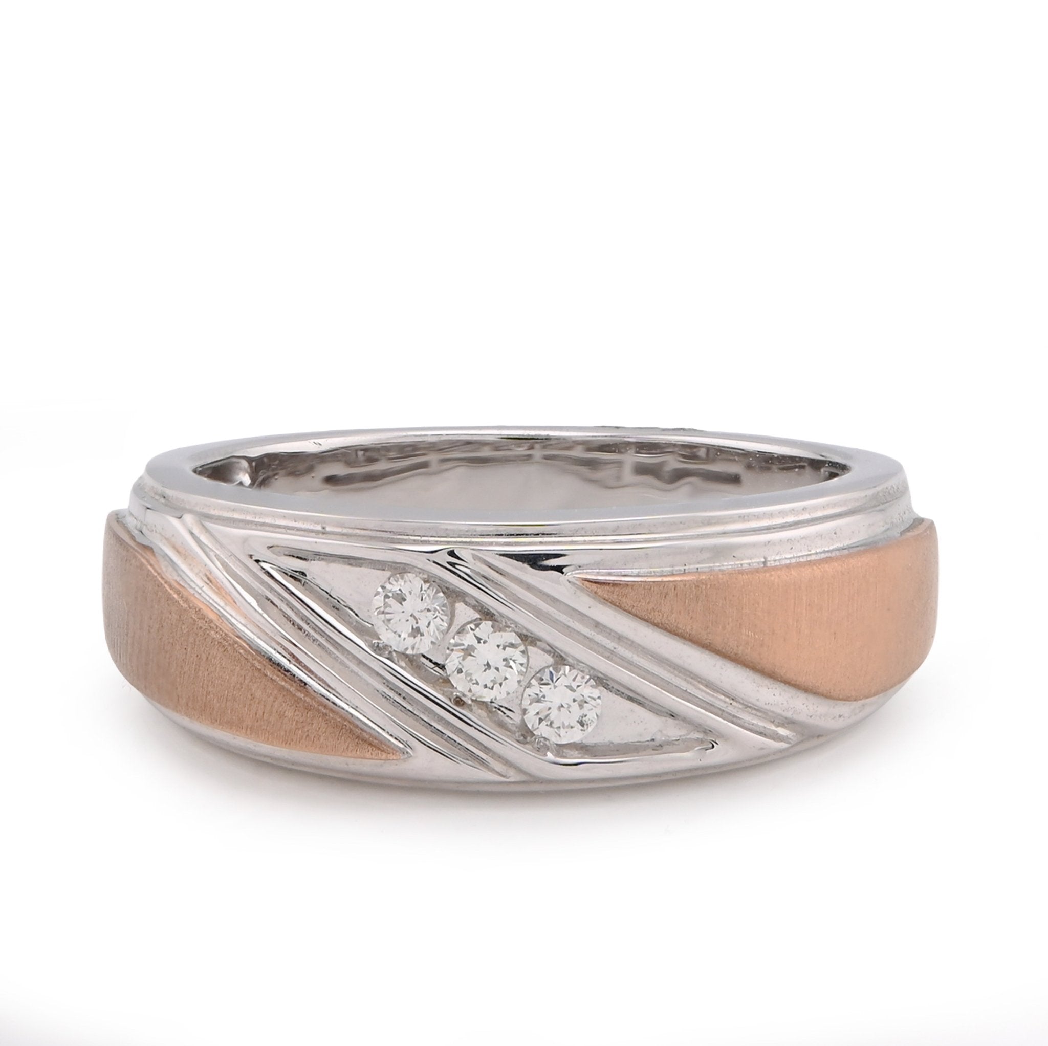 10K White/Rose Gold 0.17CT Natural Diamond Diagonal Centre 3 Stone Men Band - Elite Jewelers - Rings