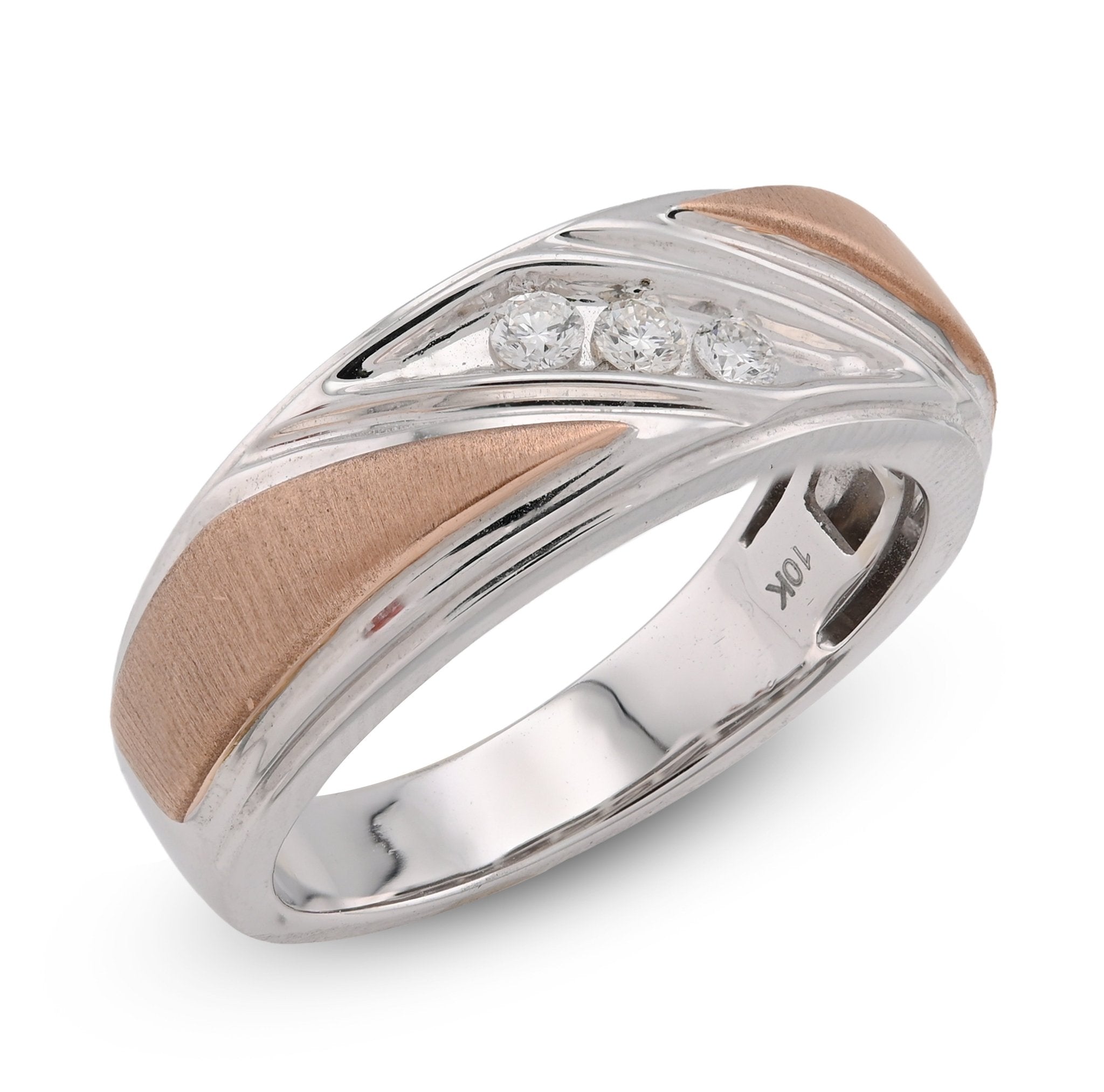 10K White/Rose Gold 0.17CT Natural Diamond Diagonal Centre 3 Stone Men Band - Elite Jewelers - Rings