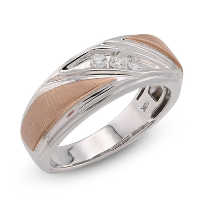 10K White/Rose Gold 0.17CT Natural Diamond Diagonal Centre 3 Stone Men Band - Elite Jewelers - Rings