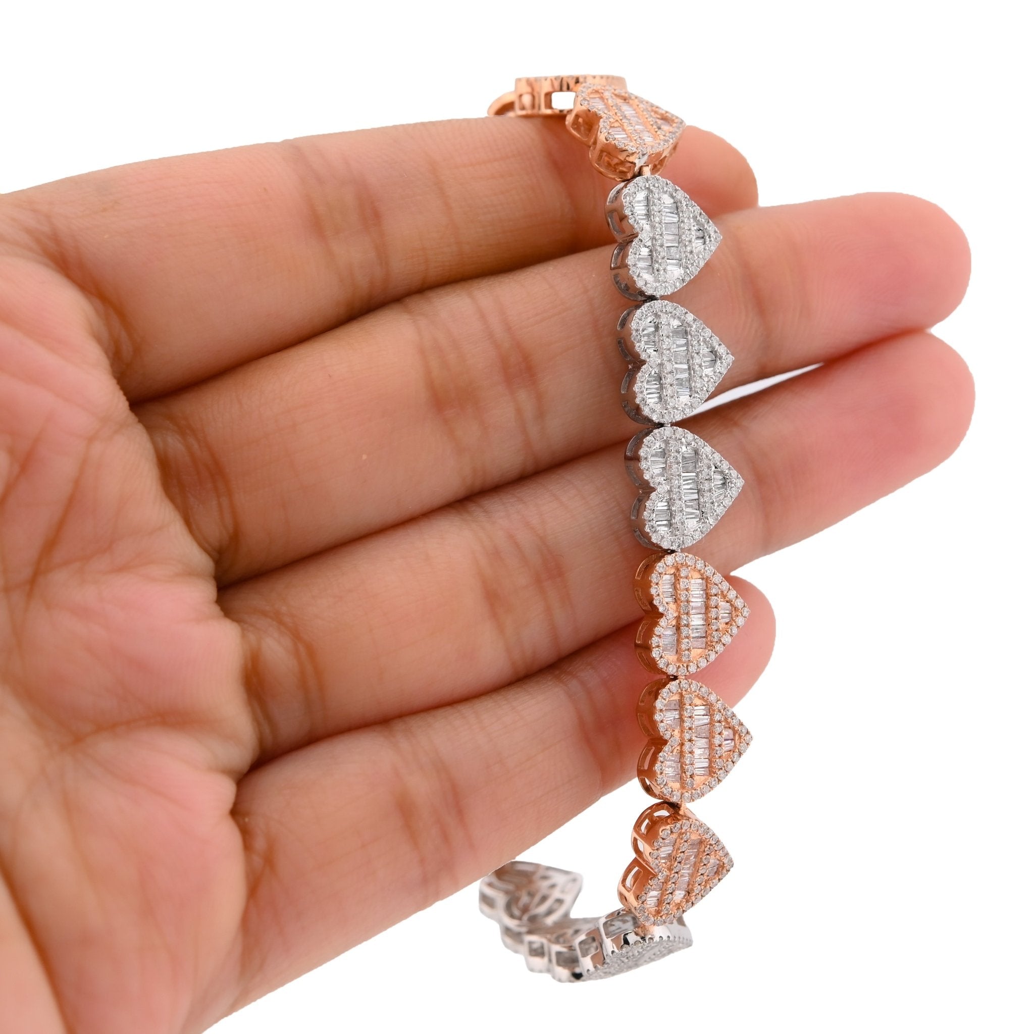 10K White/Rose Gold 3.86CT Natural Diamond Round/Baguette Heart Shape  Women 20.3g Bracelet - Elite Jewelers - Bracelets