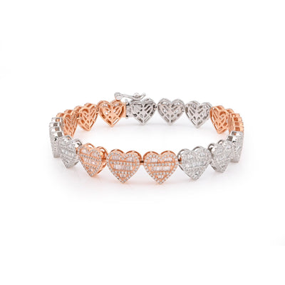 10K White/Rose Gold 3.86CT Natural Diamond Round/Baguette Heart Shape 7" 9.4MM Women Bracelet - Elite Jewelers - Bracelets