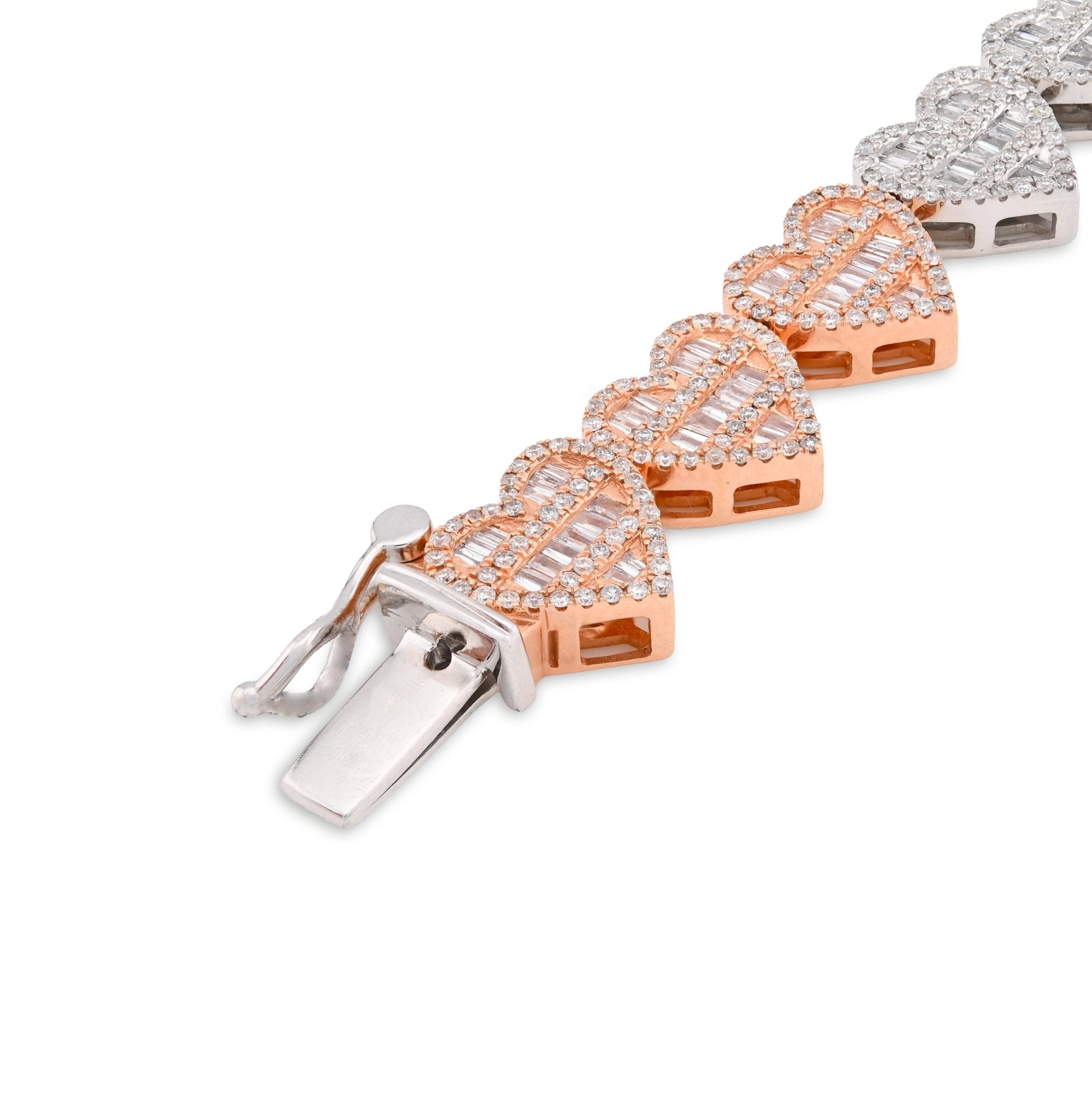 10K White/Rose Gold Natural Diamond Round/Baguette Heart Shape 7" 9.4MM Women 20.3g Bracelet - Elite Jewelers - Bracelets