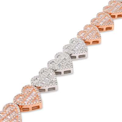 10K White/Rose Gold Natural Diamond Round/Baguette Heart Shape 7" 9.4MM Women 20.3g Bracelet