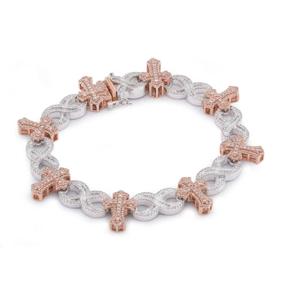 10K White/Rose Gold Cross Infinity Link 4.05CT Natural Round/Baguette Diamond Men Bracelet - Elite Jewelers-Bracelets
