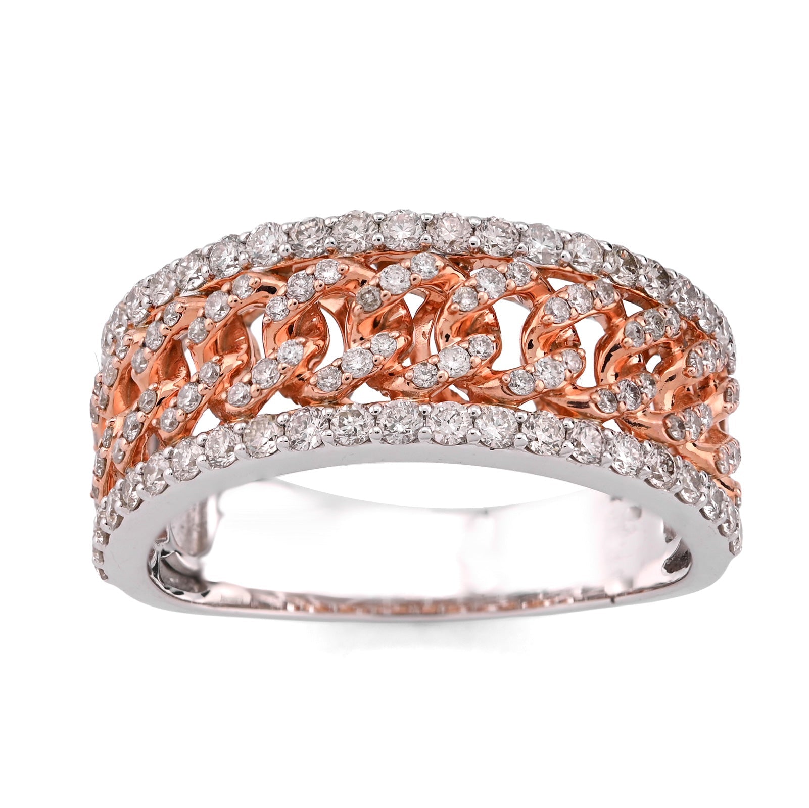 10K White/Rose Gold Cuban Link Centre 1.23CT Natural Diamond Men Ring Band - Elite Jewelers - Rings