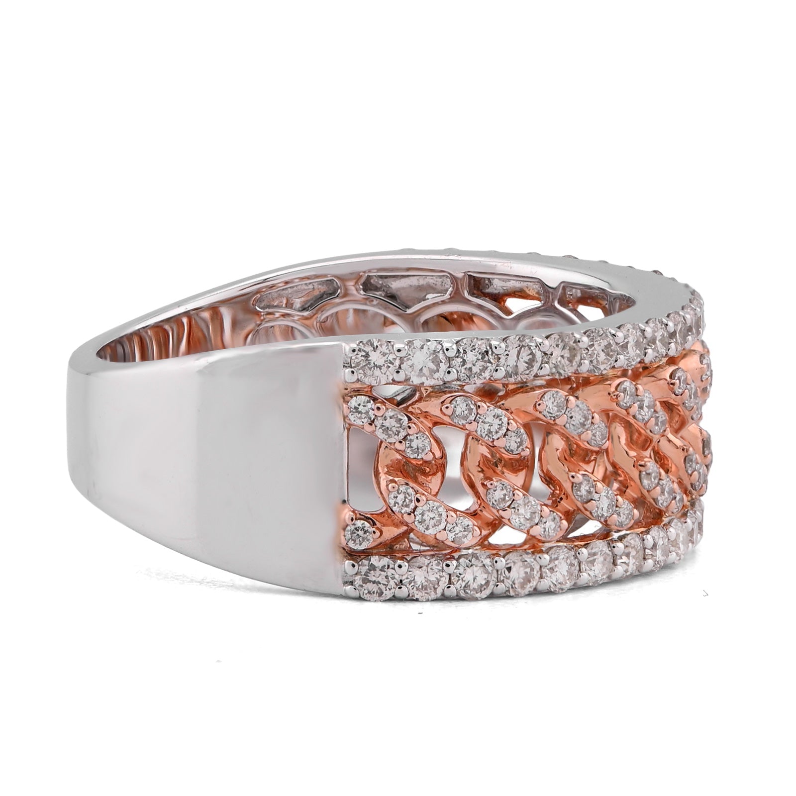 10K White/Rose Gold Cuban Link Centre 1.23CT Natural Diamond Men Ring Band - Elite Jewelers - Rings