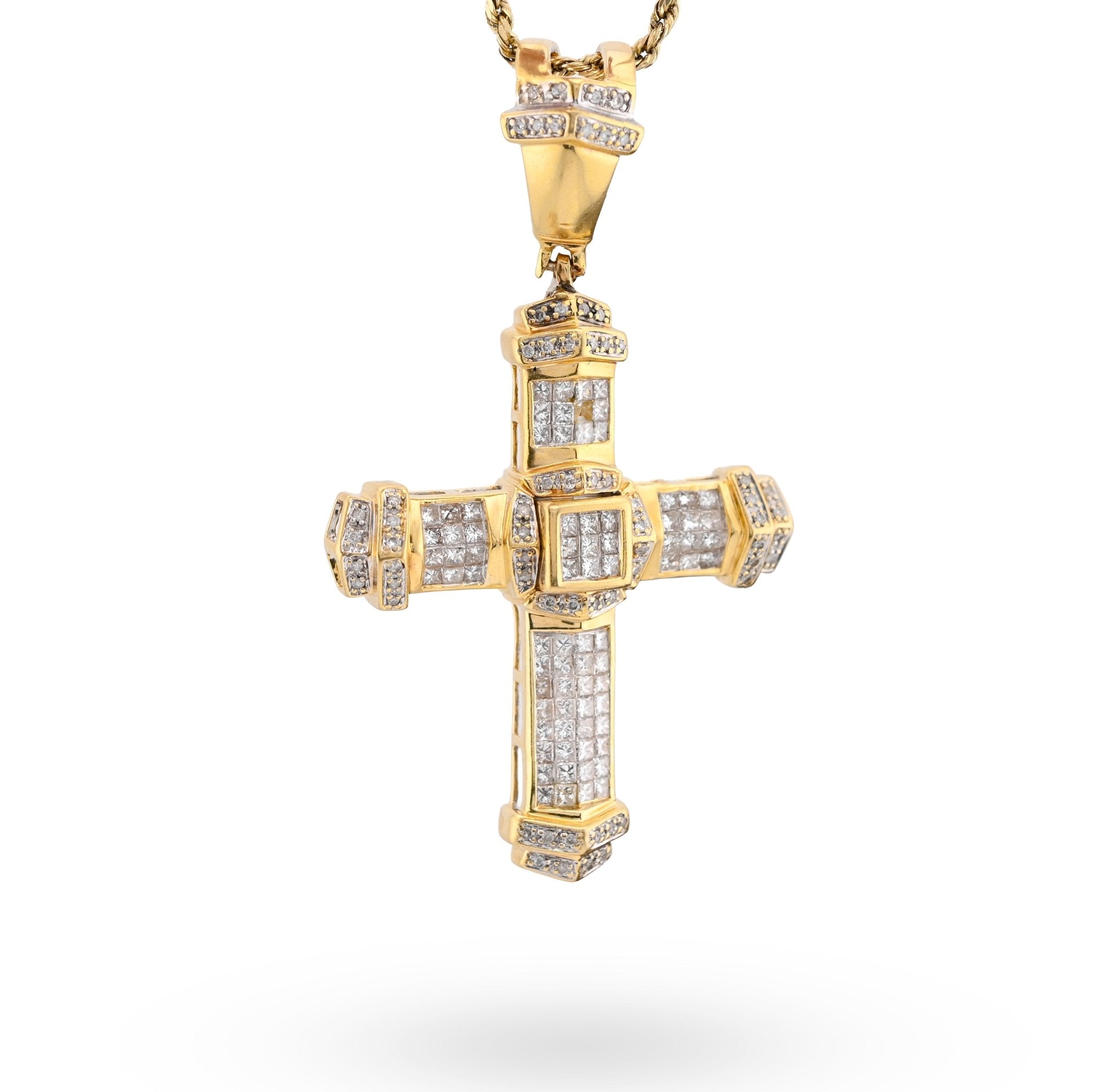 10K Yelloe Gold Princess cut/Round 5CT Natural Diamond Religious Cross Pendant Men Women Charm - Elite Jewelers - Charms & Pendants
