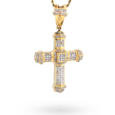 10K Yelloe Gold Princess cut/Round 5CT Natural Diamond Religious Cross Pendant Men Women Charm - Elite Jewelers - Charms & Pendants