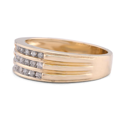 10K Yellow Gold 0.21CT Three Row Centre Men Band Natural Diamond Ring - Elite Jewelers - Rings