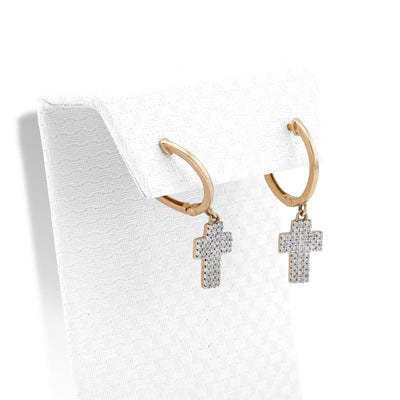 10K Yellow Gold 0.25CT Cross Hoop Natural Diamond Men Women Hoops - Elite Jewelers-Earrings