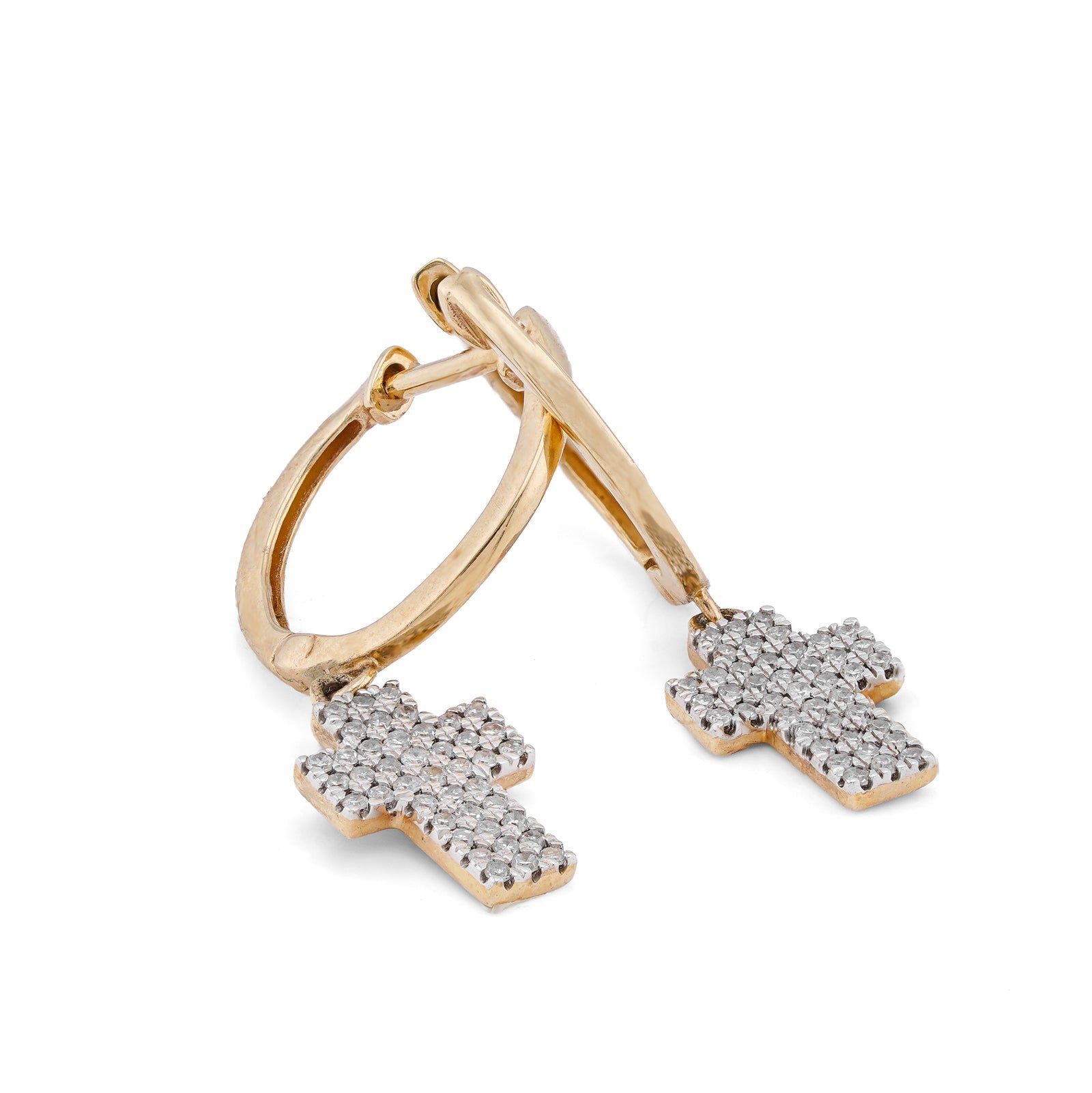 10K Yellow Gold 0.25CT Cross Hoop Natural Diamond Men Women Hoops - Elite Jewelers-Earrings