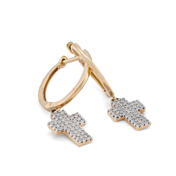 10K Yellow Gold 0.25CT Cross Hoop Natural Diamond Men Women Hoops - Elite Jewelers-Earrings